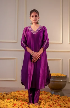 Purple Embroidered Chanderi Silk Kurta Set with Gathered Sleeves and Pants