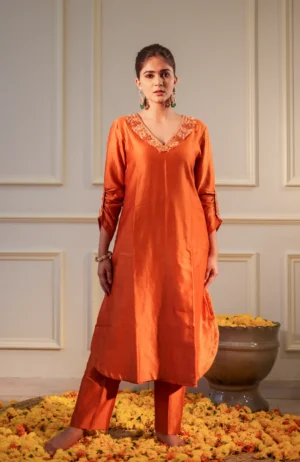 Orange Embroidered Chanderi Silk Kurta Set with Gathered Sleeves and Pants