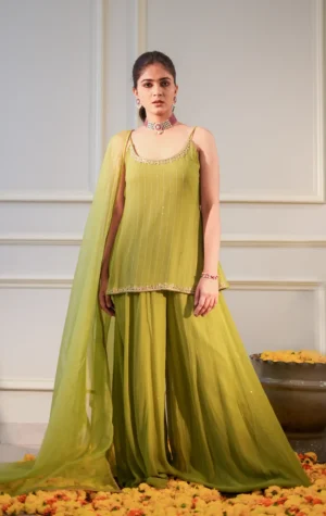 Lime Sequin Georgette Short Kurti Set with Garara and Organza Dupatta