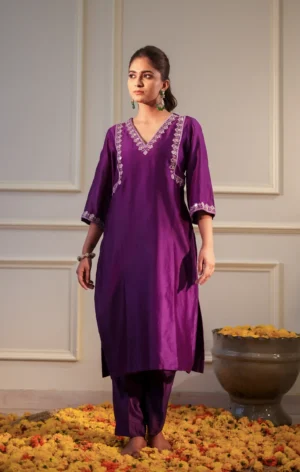 Purple Mirror Work Hand Embroidered Chanderi Silk Kurta Set with Pants for Women