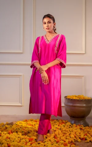Pink Mirror Work Hand Embroidered Chanderi Silk Kurta Set with Straight Pants