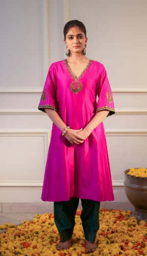 Pink Applique Embroidered Chanderi Silk A-Line Kurta Set with Salwar Pants