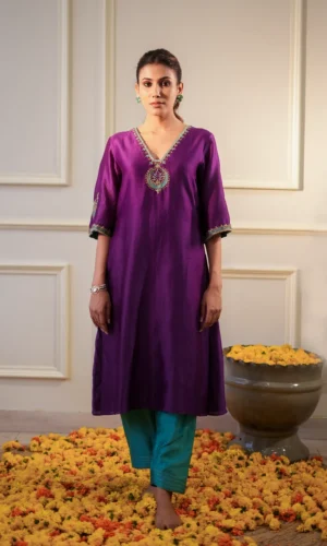 Purple Applique Embroidered Chanderi Silk A-Line Kurta Set with Salwar Pants