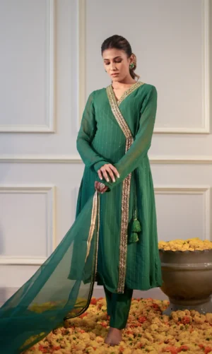Green Sequin Georgette Angrakha Kurta Set with Chanderi Pants and Dupatta