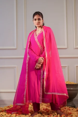 Pink Sequin Georgette Angrakha Kurta Set with Chanderi Pants and Dupatta