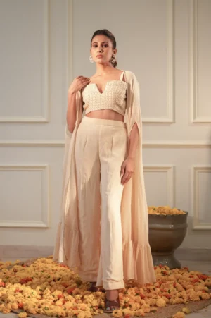 Ivory Embroidered Silk Blouse Set with Sequin Georgette Pants and Cape