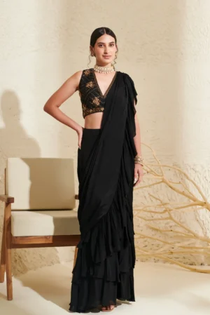 Black Ruffle Pre-Stitched Saree with Hand Embroidered Blouse