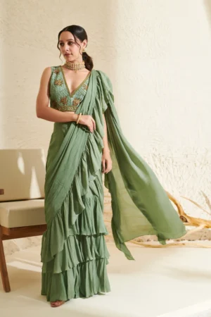 Emerald Green Ruffle Pre-Stitched Saree with Embroidered Blouse