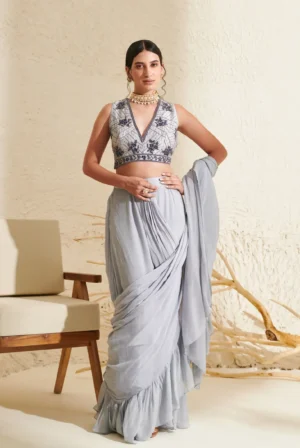 Steel Grey Ruffle Pre-Stitched Saree with Hand Embroidered Blouse
