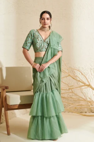 Sage Green Organza Ruffle Saree with Hand Embroidered Blouse