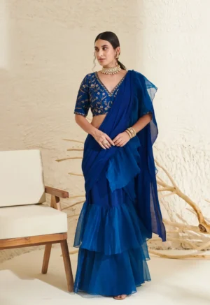 Royal Blue Organza Ruffle Saree with Hand Embroidered Blouse