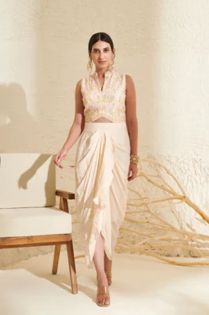 Ivory Drape Pleated Skirt Set with Hand Embroidered Waistcoat Blouse