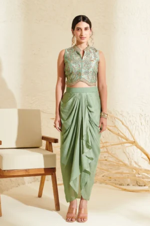 Sage Green Drape Pleated Skirt Set with Embroidered Waistcoat Blouse