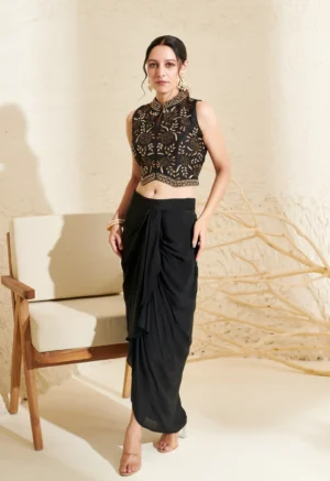Black Drape Pleated Skirt Set with Hand Embroidered Waistcoat Blouse