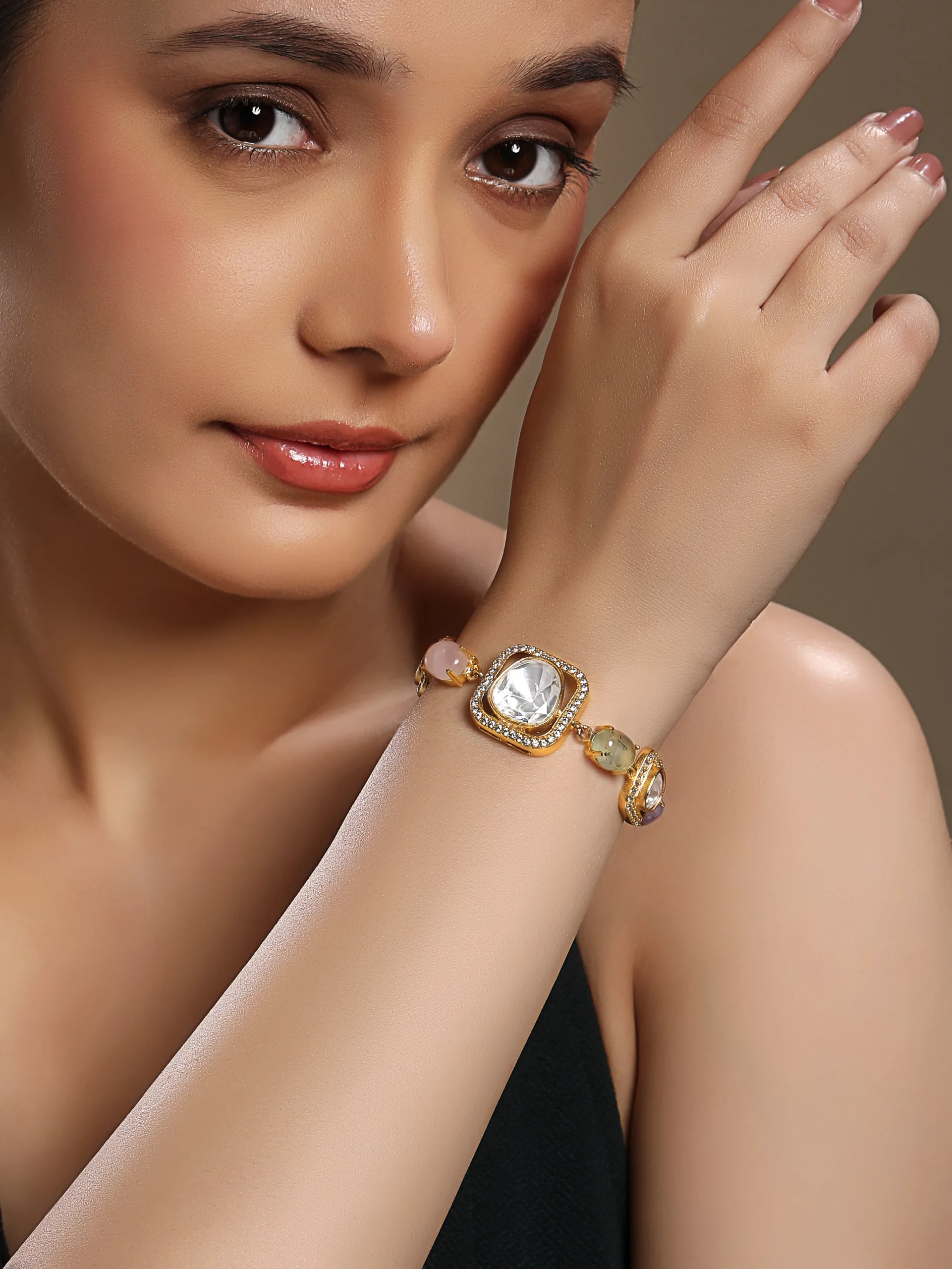 Handcrafted Kundan Polki fusion necklace in micron gold polish brass with agates and onyx tumbles from Golden Muslin By Hrisha