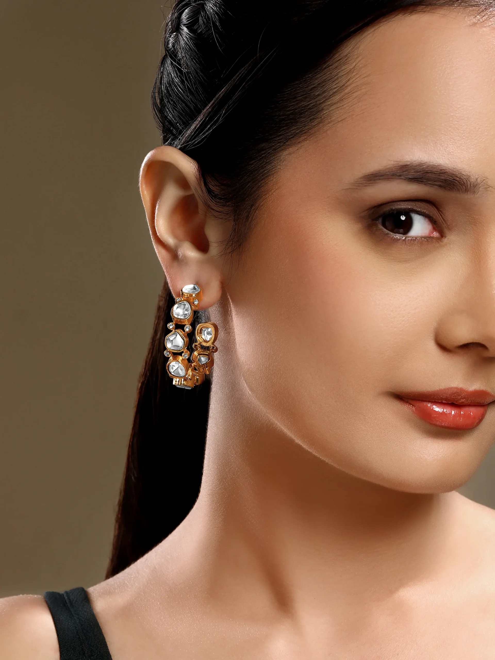 Handcrafted Kundan Polki fusion necklace in micron gold polish brass with agates and onyx tumbles from Golden Muslin By Hrisha