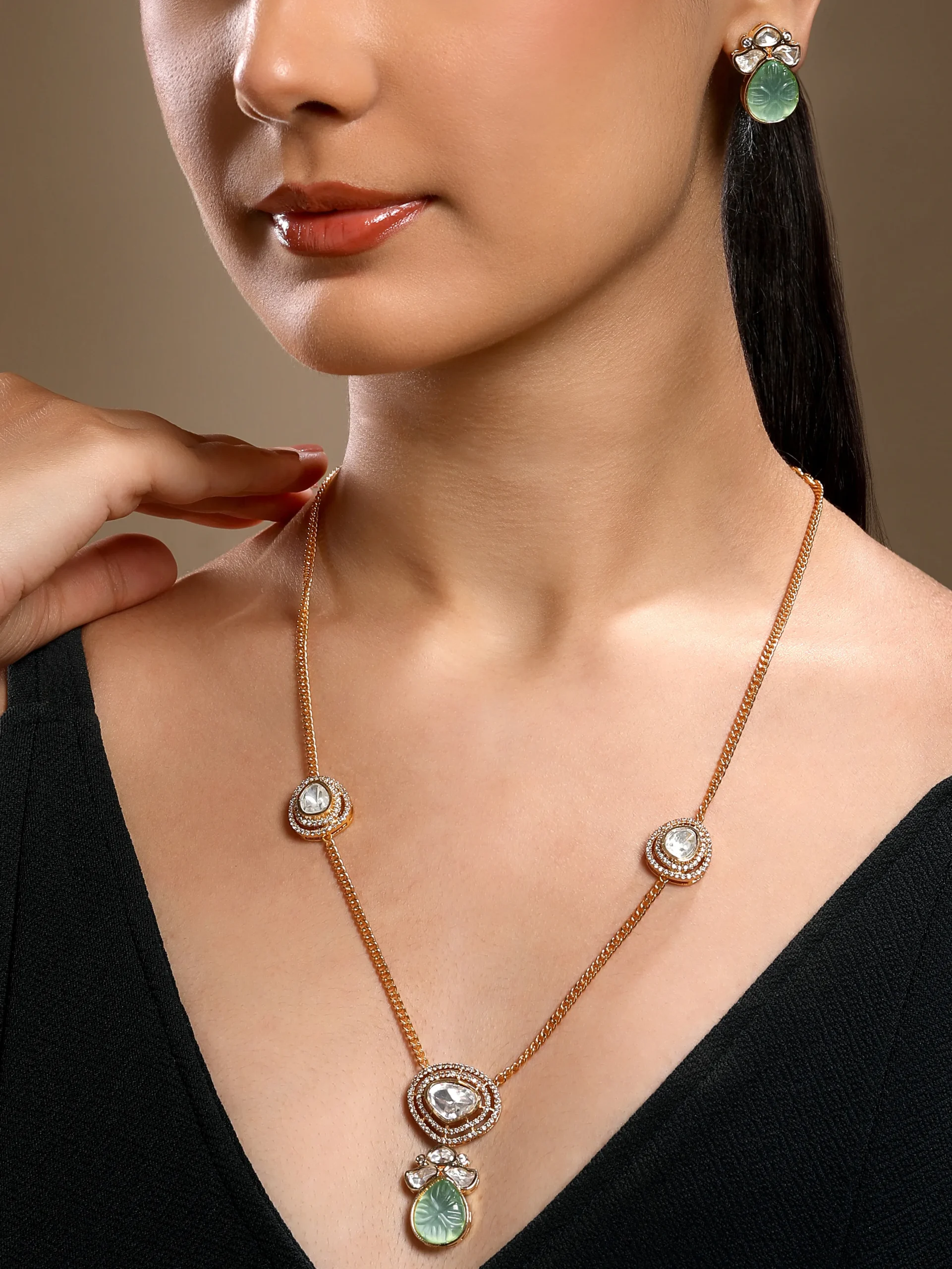 Mint Agate Kundan Polki long necklace set in micron gold polished brass from Golden Muslin By Hrisha