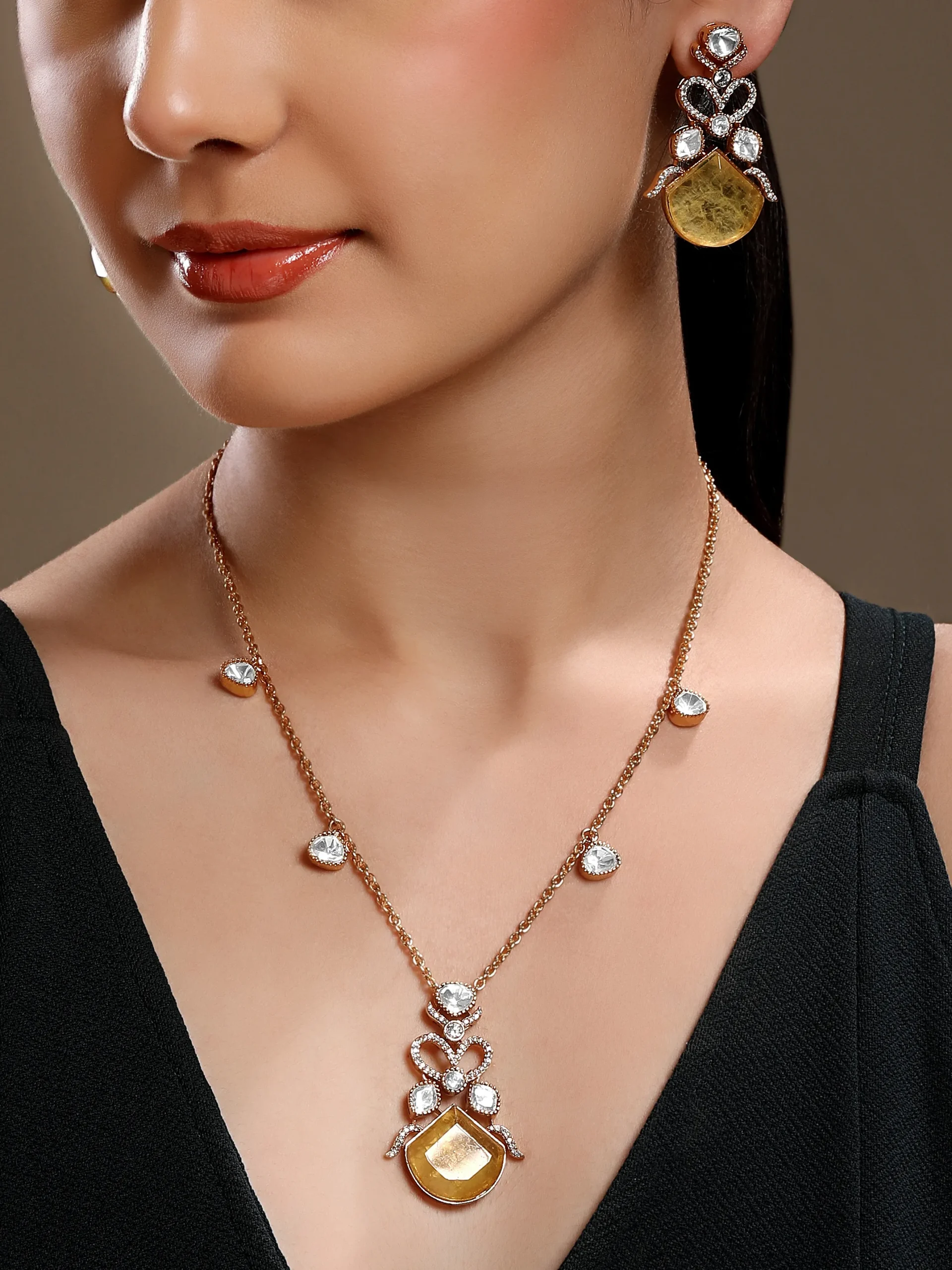 Yellow Agate Kundan Polki pendant long necklace set with pearl accents in micron gold polished brass from Golden Muslin By Hrisha