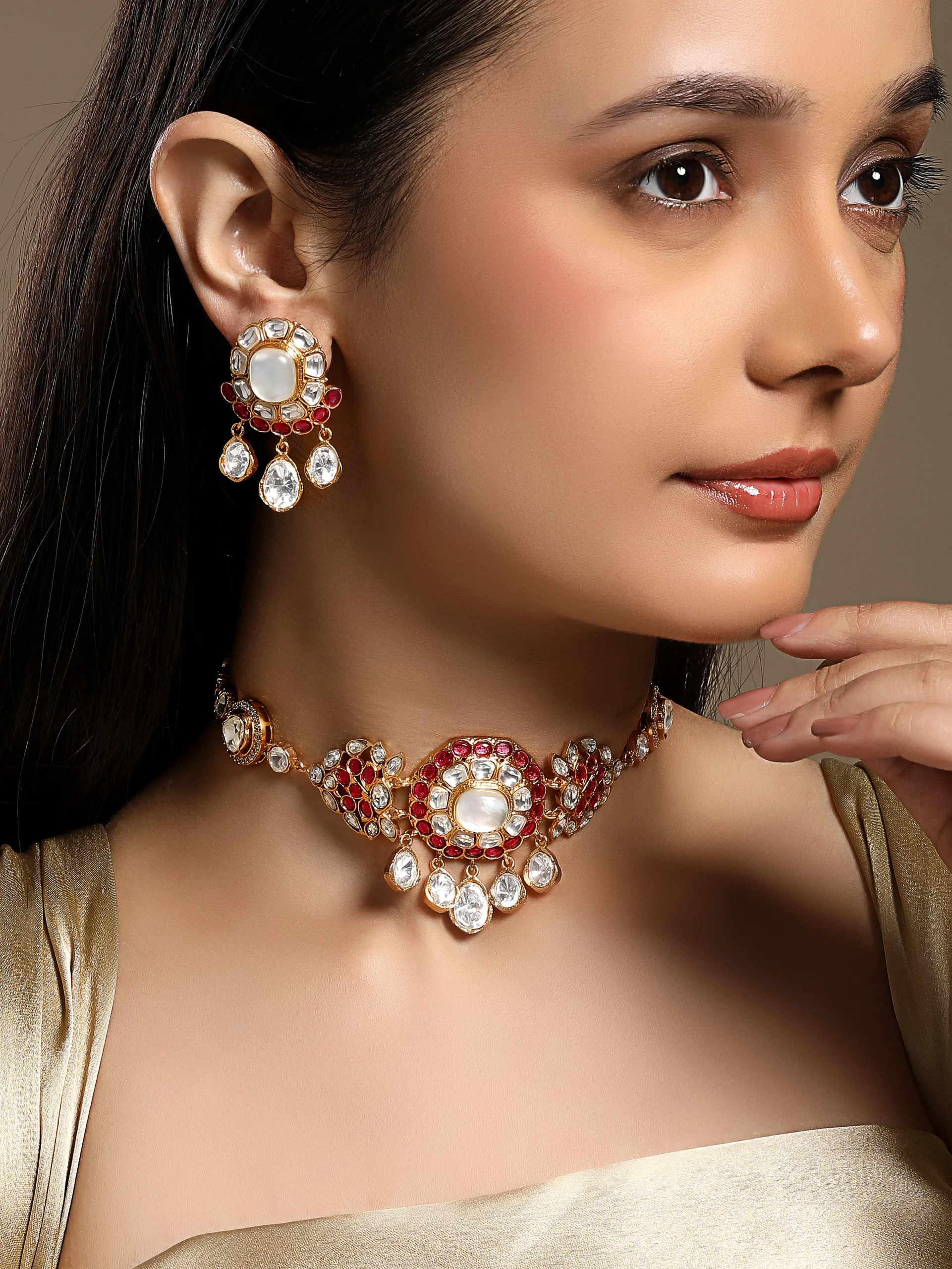 Pink Kundan Polki pearl drop choker necklace set in micron gold polished brass from Golden Muslin By Hrisha