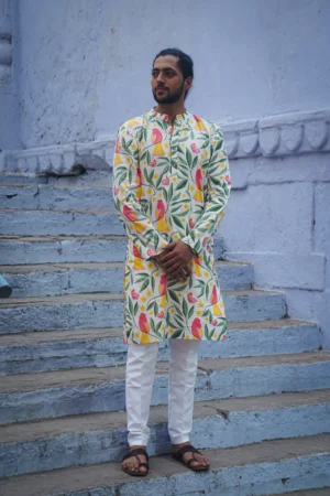 Floral Royale Handblock Printed Cotton Kurta with Mandarin Collar & Side Pockets