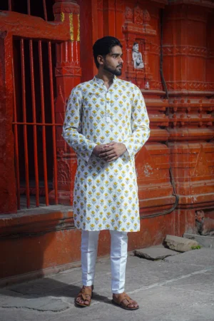 Kashi Block Floral Printed Cotton Kurta with Mandarin Collar & Side Pockets