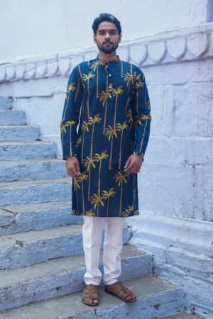 Navy Blue Paradise Floral Printed Cotton Kurta with Mandarin Collar & Side Pockets