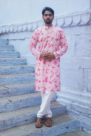 Blush Fusion Tie & Dye Schiffli Cotton Kurta with Mandarin Collar & Side Pockets