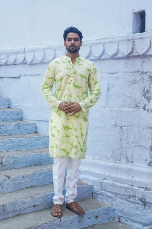 Mint Serenade Tie & Dye Schiffli Cotton Kurta Ensemble with Mandarin Collar & Side Pockets