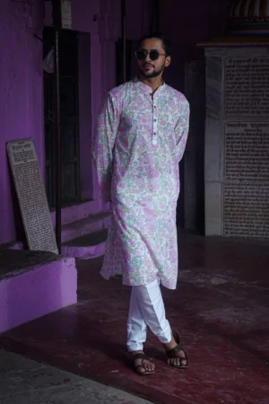 Garden Delight Hand Block Floral Printed Cotton Kurta Set with Mandarin Collar & Side Pockets
