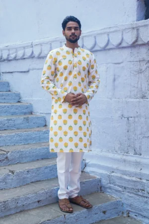 Ivory Bloom Floral Printed Cotton Kurta Set with Mandarin Collar & Side Pockets