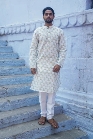 Crystal Petal Handblock Printed Cotton Kurta Set with Mandarin Collar & Side Pockets