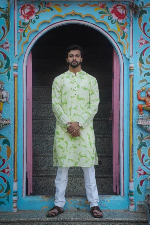 Mint Blossom Tie & Dye Hakoba Cotton Kurta Set with Mandarin Collar & Side Pockets