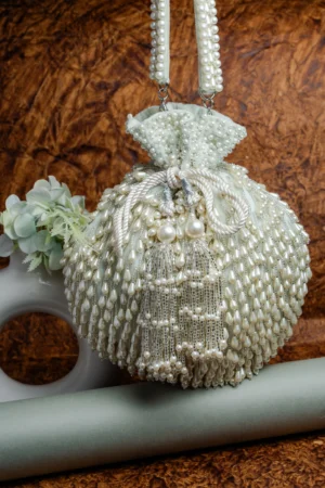 Sea Green Pearl Tassel Potli with Beaded and Intricate Pearl Work