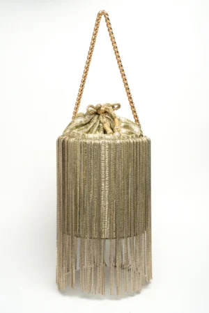 Off White Pearl Tassel Half Frame Clutch with Elegant Embellished Finish