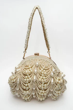 Cream Pearl Scalloped Frame Clutch with Pearly Beaded Handle Detail