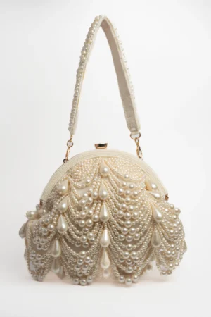 Suede Gold Clutch with Pearl Drops and Gold Bead Embellishment