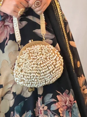 Off White Box Clutch with Pearl and Tassel Embellishments