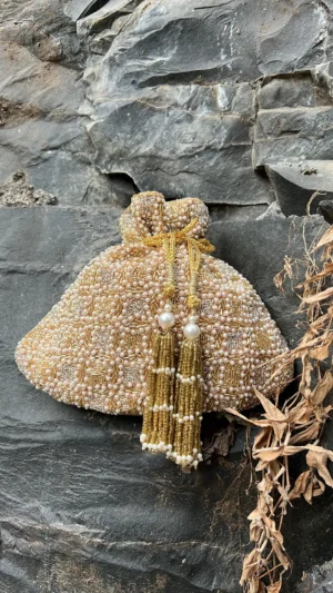 Gold Clutch with Criss Cross Pearl and Shaded Gold Embellished Detailing