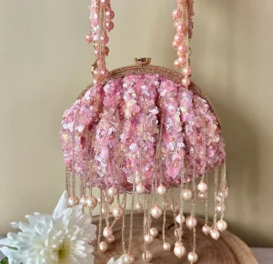 Pink Jewel Embellished Clutch with Sequinned Frame and Glam Detailing