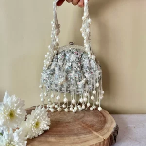 Silver Jewel Embellished Clutch with Sequinned Frame and Glam Detailing