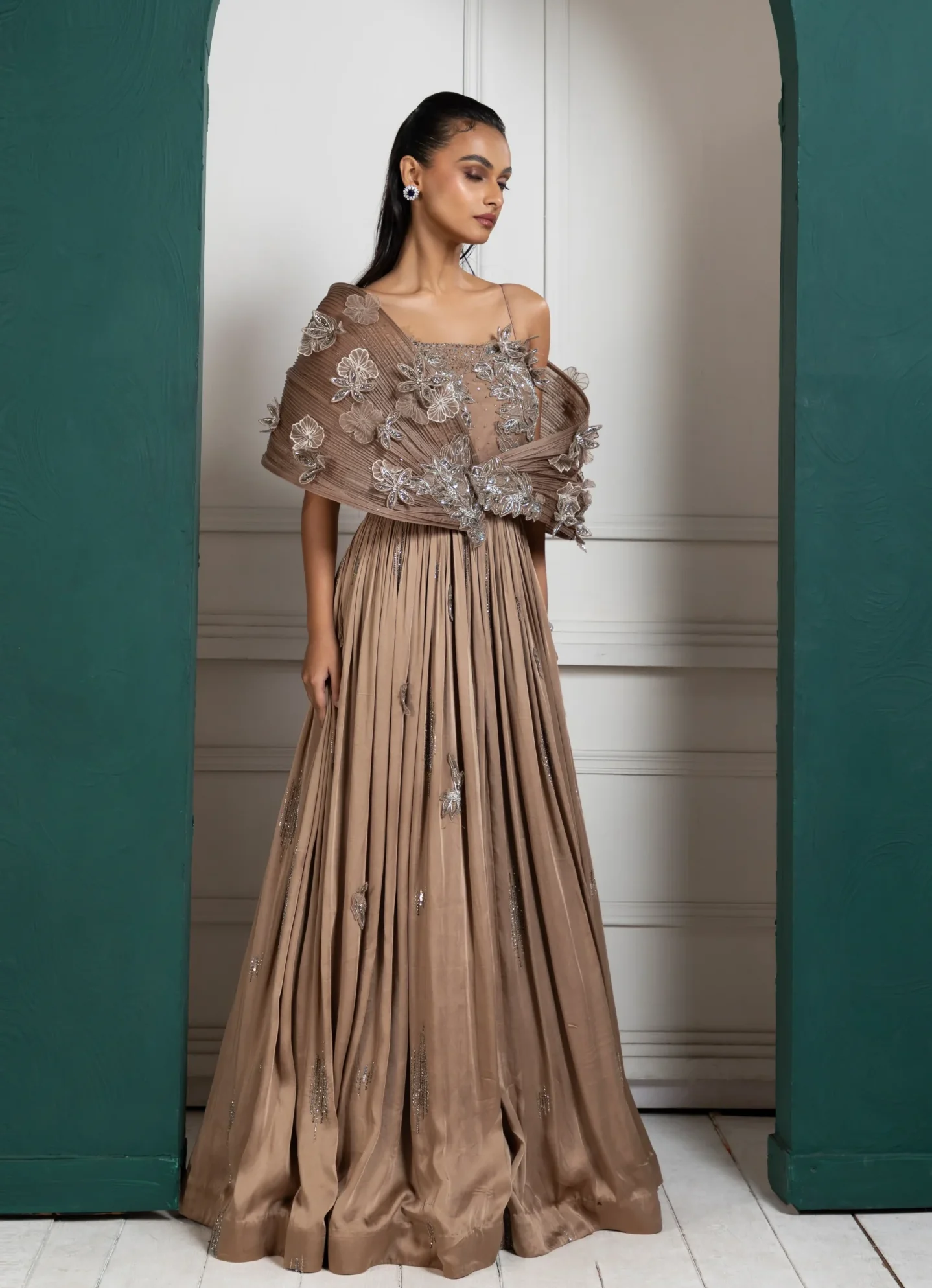 Gold Toned Bronze Embroidered Evening Gown with crystal embellishments from Golden Muslin By Anuj Agarwal