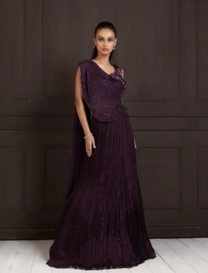 Plum Embellished Lehenga Set with cape style blouse from Golden Muslin By Anuj Agarwal