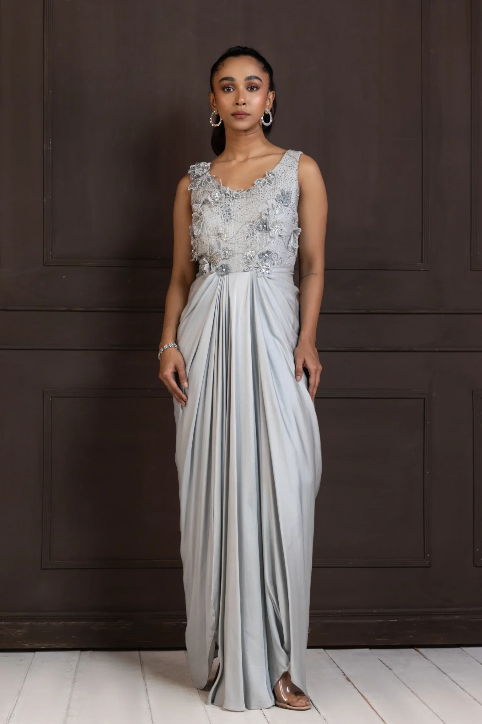 Silver Embellished Evening Gown with sequin and beadwork from Golden Muslin By Anuj Agarwal