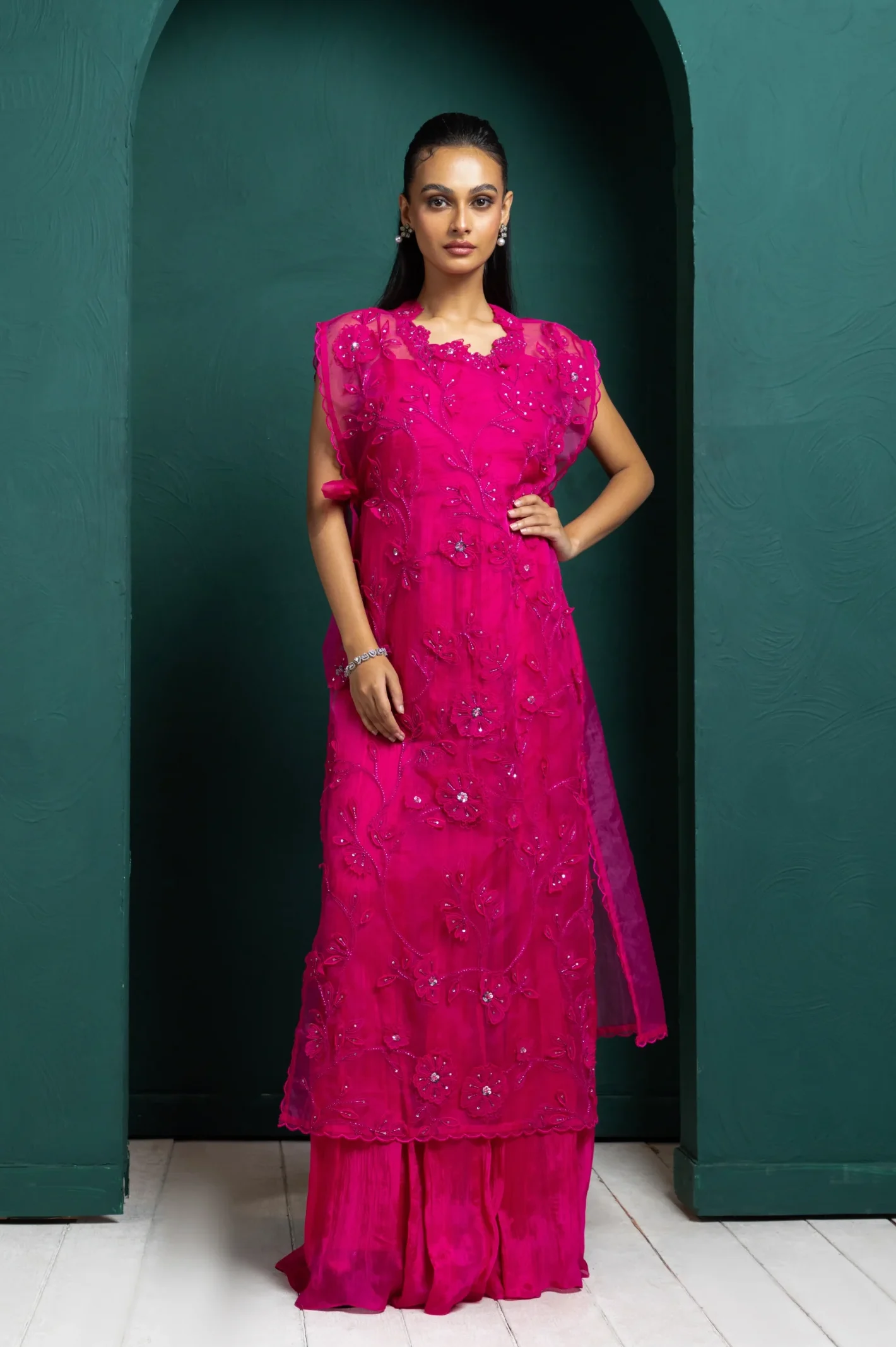 Fuchsia Pink Embroidered Tunic Set with wide leg trousers from Golden Muslin By Anuj Agarwal