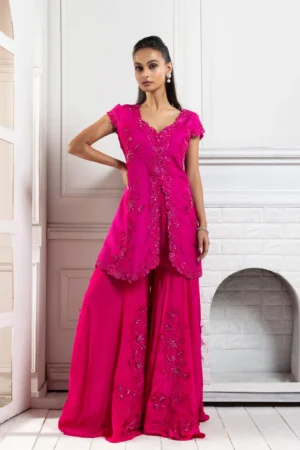 Fuchsia Bloom Embroidered Lehenga Set with floral embroidery from Golden Muslin By Anuj Agarwal