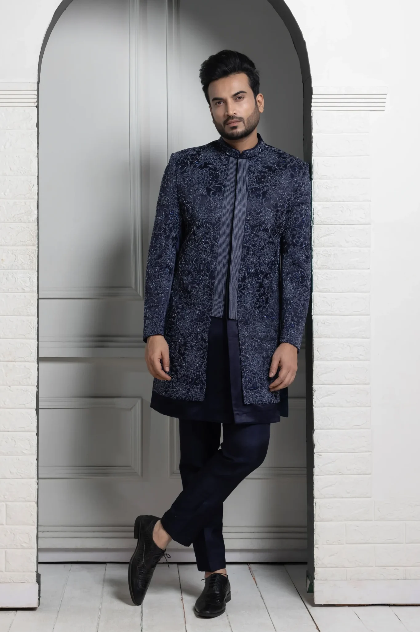 Midnight Blue Floral Embroidered Bandhgala Jacket from Golden Muslin By Anuj Agarwal