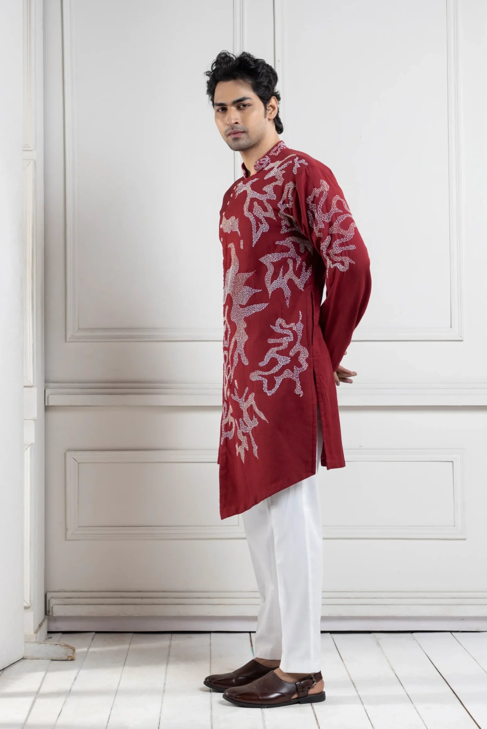 Scarlet Red Embroidered Kurta with white vine embroidery from Golden Muslin By Anuj Agarwal