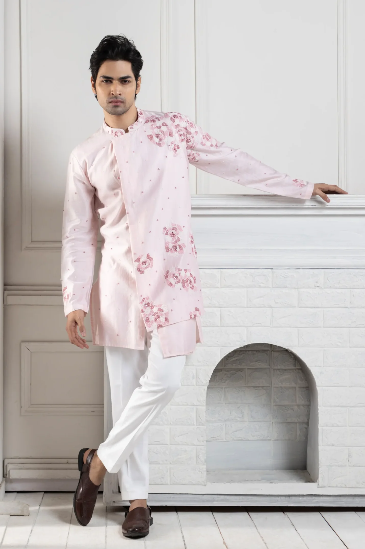 Blush Pink Embroidered Kurta with floral detailing from Golden Muslin By Anuj Agarwal