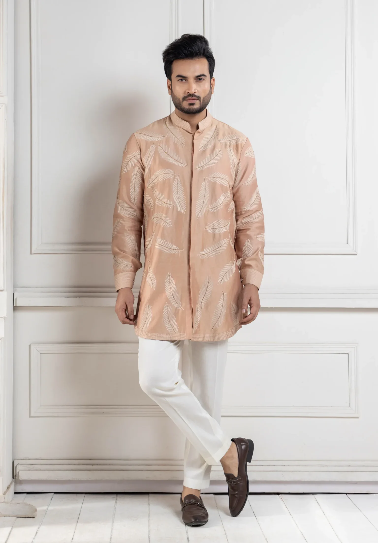 Beige Embroidered Chanderi Kurta with palm leaf design from Golden Muslin By Anuj Agarwal