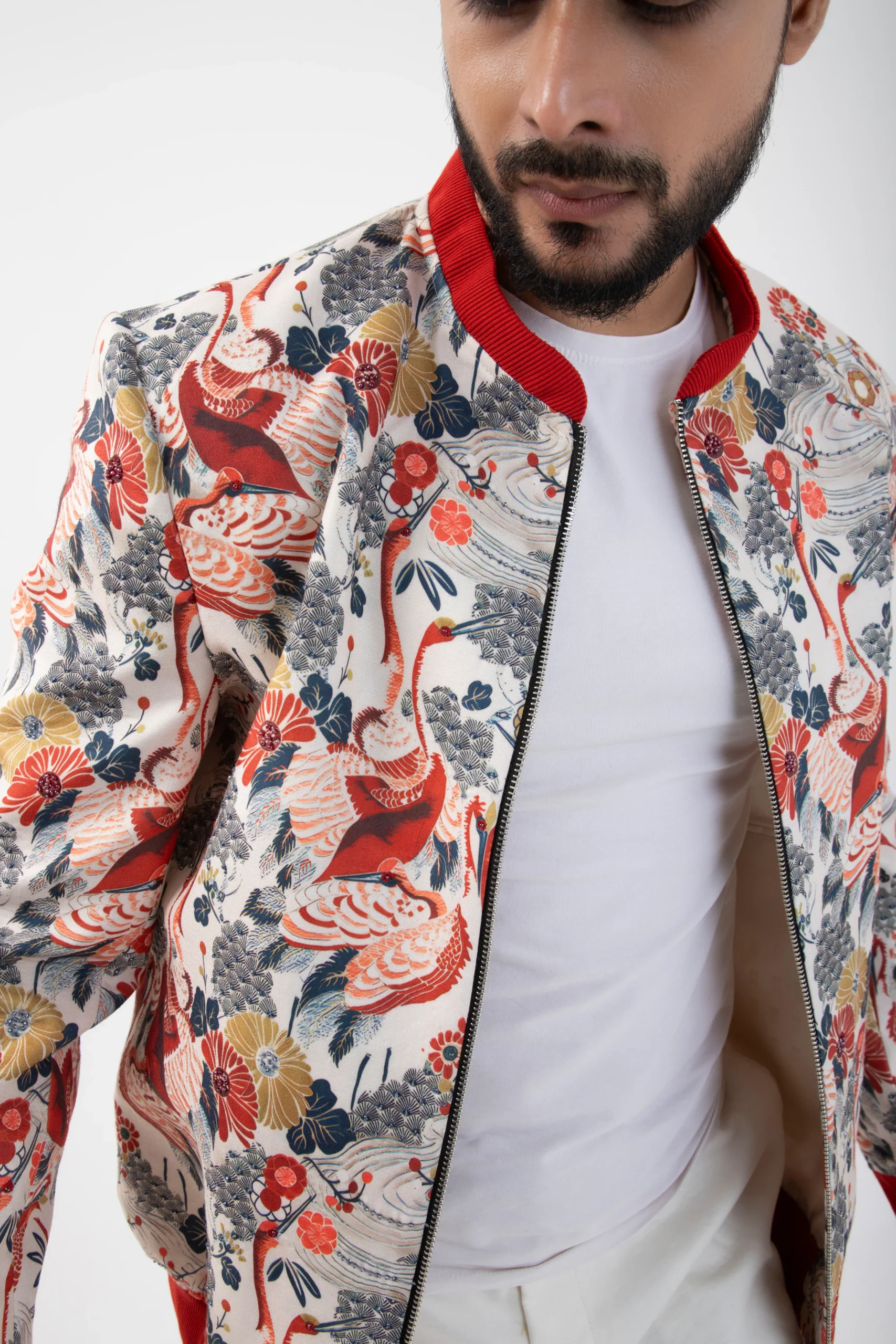 Floral Print Bomber Jacket with multicolor botanical pattern from Golden Muslin By Anuj Agarwal